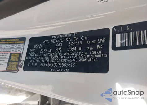 2024 Kia Forte Gt-Line z USA, uszkodzony, nr VIN 3KPF54AD1RE805613